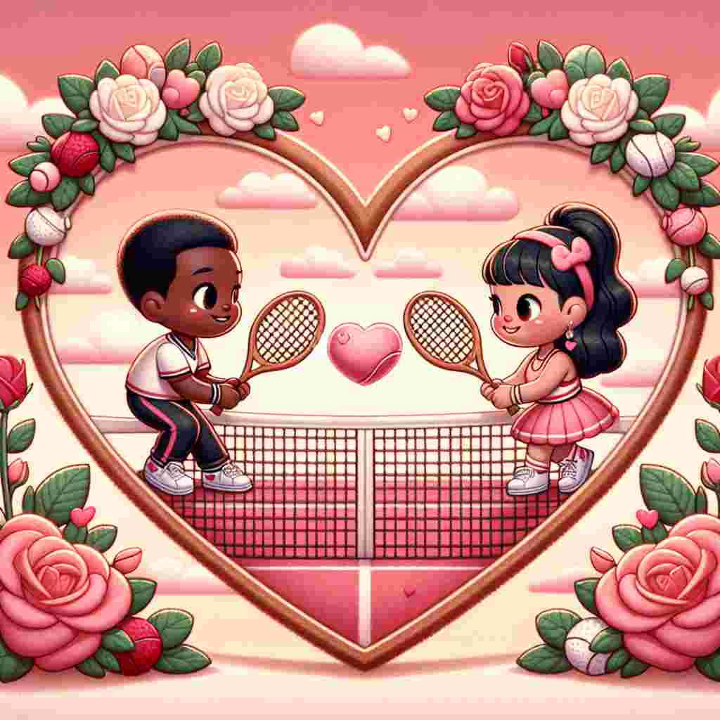 Create a charming Valentine's Day themed illustration. The centerpiece is a unique heart-shaped tennis court. Two cute cartoon characters, a Black male and a Hispanic female, are dressed in classic tennis attire. They are engaged in a playful match, exchanging a soft pink tennis ball which is shaped like a tender heart with wooden vintage racquets. The net of the court is beautifully decorated with delicate red and pink roses. Above them, the sky is a warm hue of sunset pink, dotted with heart-shaped clouds, completing the romantic scene.
Generated with these themes: Tennis.
Made with ❤️ by AI.