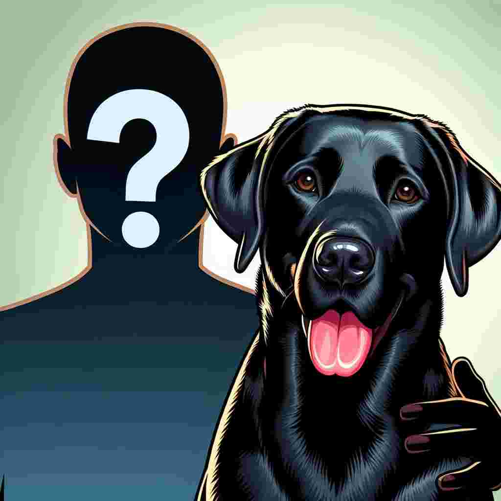Create an endearing cartoon image in a non-specific style. In the scene, an enigmatic, undefined figure co-stars as our main character. The key character sharing the spotlight is a well-built, large, adult Labrador Retriever. The Labrador, a real beauty with glossy black fur that seems to glisten, possesses affectionate brown eyes. The eyes radiate a palpable sense of loyalty and kindness, exuding the characteristic charm that Labradors are so famously known for.
.
Made with ❤️ by AI.