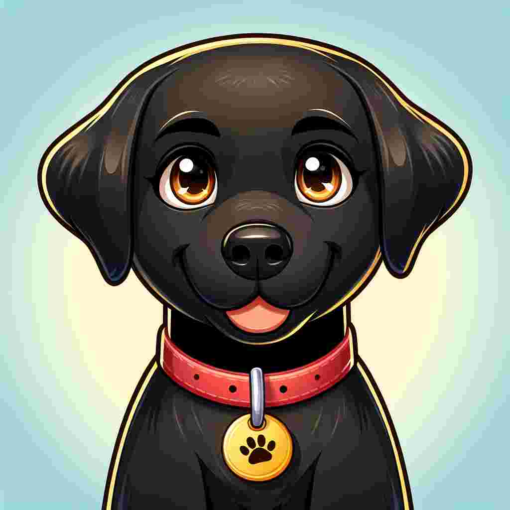 Create a heartwarming cartoon scene that features an unspecified character of charming appeal with a Black adult Labrador Retriever. The Labrador is depicted with a shiny black coat and contrasting warm brown eyes that sparkle with kindness, reflecting the breed's renowned friendly dispositions.
.
Made with ❤️ by AI.