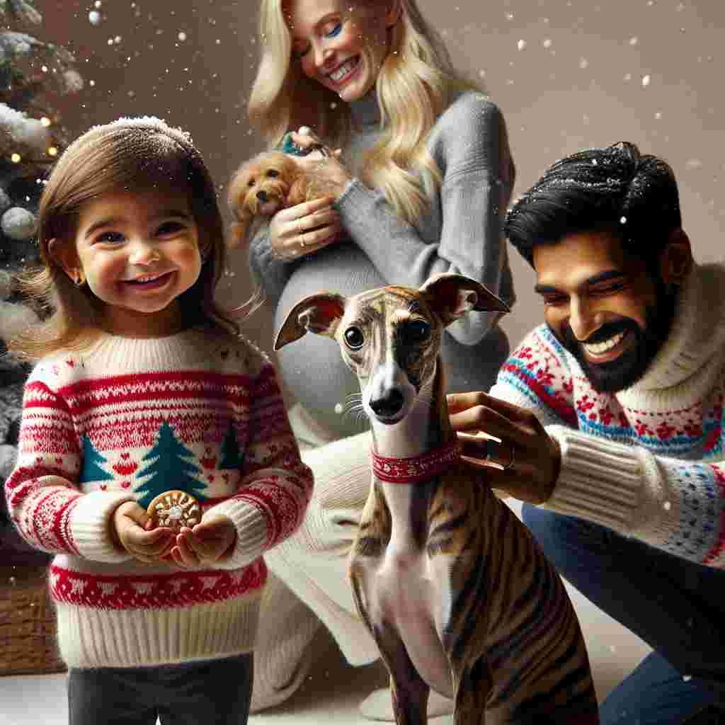 Set against a backdrop of soft, falling snowflakes, this Christmas-themed illustration exudes cuteness as a 2-year-old mixed-race daughter, cheeks rosy from the chill, offers a striped, tiger-like whippet a festive treat. The blonde, pregnant mother grins joyfully, snug in a Christmas-patterned sweater, while the Indian dad, trendy in his winter garb, captures the moment on camera, adding a sense of cherished memories to the holiday scene.
Generated with these themes: Whippet tiger stripes, Daughter mixed race age 2 , Blonde pregnant mum , and Indian trendy dad .
Made with ❤️ by AI.