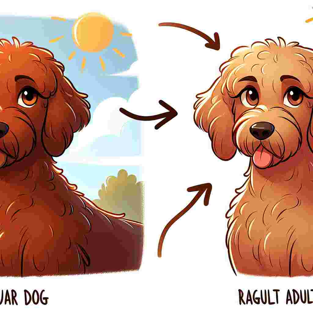 Create a whimsical cartoon scene featuring two adult Labradoodle dogs with a regular build. On the left, depict a dog with a reddish-brown, glossy coat glowing under the cartoon sun. On the right, illustrate another Labradoodle with an equally lustrous coat. Both dogs should have warm, kindly, brown eyes that convey a sense of gentleness and friendliness.
.
Made with ❤️ by AI.