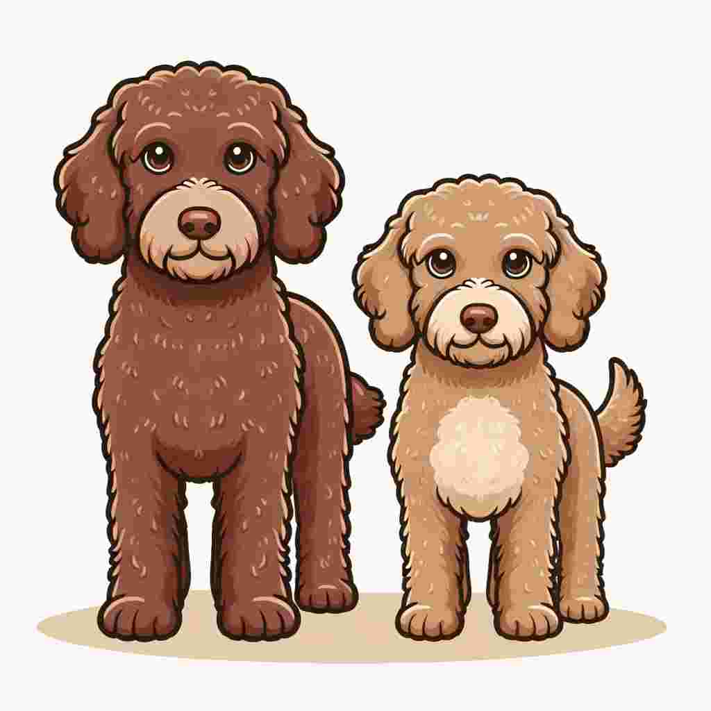 Create a delightful cartoon image of a pair of adult Labradoodles standing side by side. The Labradoodle on the left has a normal build and is adorned with a reddish-brown coat. The other Labradoodle stands in contrast with a different colored coat. Both dogs have striking brown eyes that convey a loving demeanor, completing their image as adorable companions.
.
Made with ❤️ by AI.