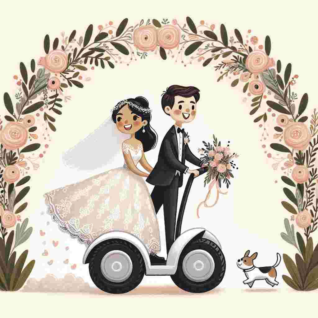 Whimsical illustration of a joyful Hispanic bride and a Caucasian groom riding on a sleek white Segway, embellished with floral garlands to fit a wedding theme. The bride, with her flowing dark hair, is adorned in a delicate lace gown and radiates happiness. They glide together under an arch of blush-colored roses. Following them is their pet dog. This completes the charming nuptial scene.
Generated with these themes: Segway, and Blonde.
Made with ❤️ by AI.
