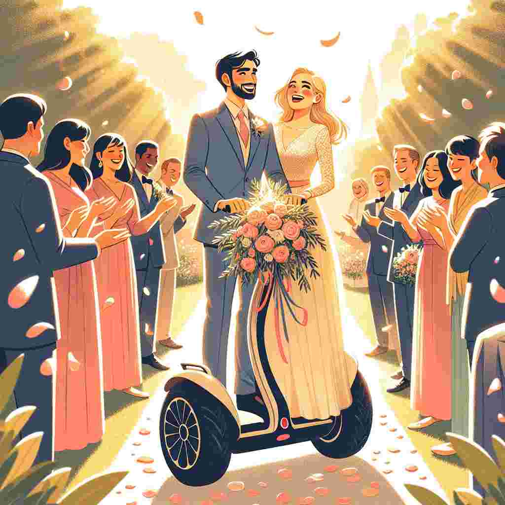 The illustration features a sunlit garden. In the garden, a charming couple makes a grand entrance on a decorated Segway which is the central focus of this wedding-themed image. The groom, a confident Middle Eastern man, skillfully steers the Segway. His bride, a laughing blonde Caucasian woman, looks radiant with her hair shimmering under the sunlight. Scattered petals are seen on their path and the surrounding guests, including South Asian and Hispanic individuals, are depicted with warm expressions. The overall atmosphere of the image is idyllic and filled with love.
Generated with these themes: Segway, and Blonde.
Made with ❤️ by AI.