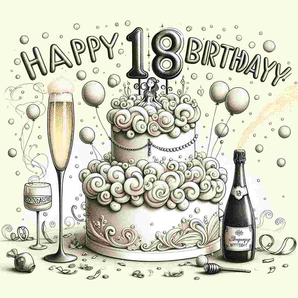 A whimsical drawing of a two-tiered birthday cake with frothy icing set alongside a delicate champagne flute radiating bubbles. Perched atop the cake is a figurine holding a bottle labeled '18+' to symbolize the legal drinking age. Cheerful balloons and confetti frame the scene while the words '18 Happy Birthday!' float above in playful, balloon-like lettering.
Generated with these themes: Alcohol, and Cake.
Made with ❤️ by AI.