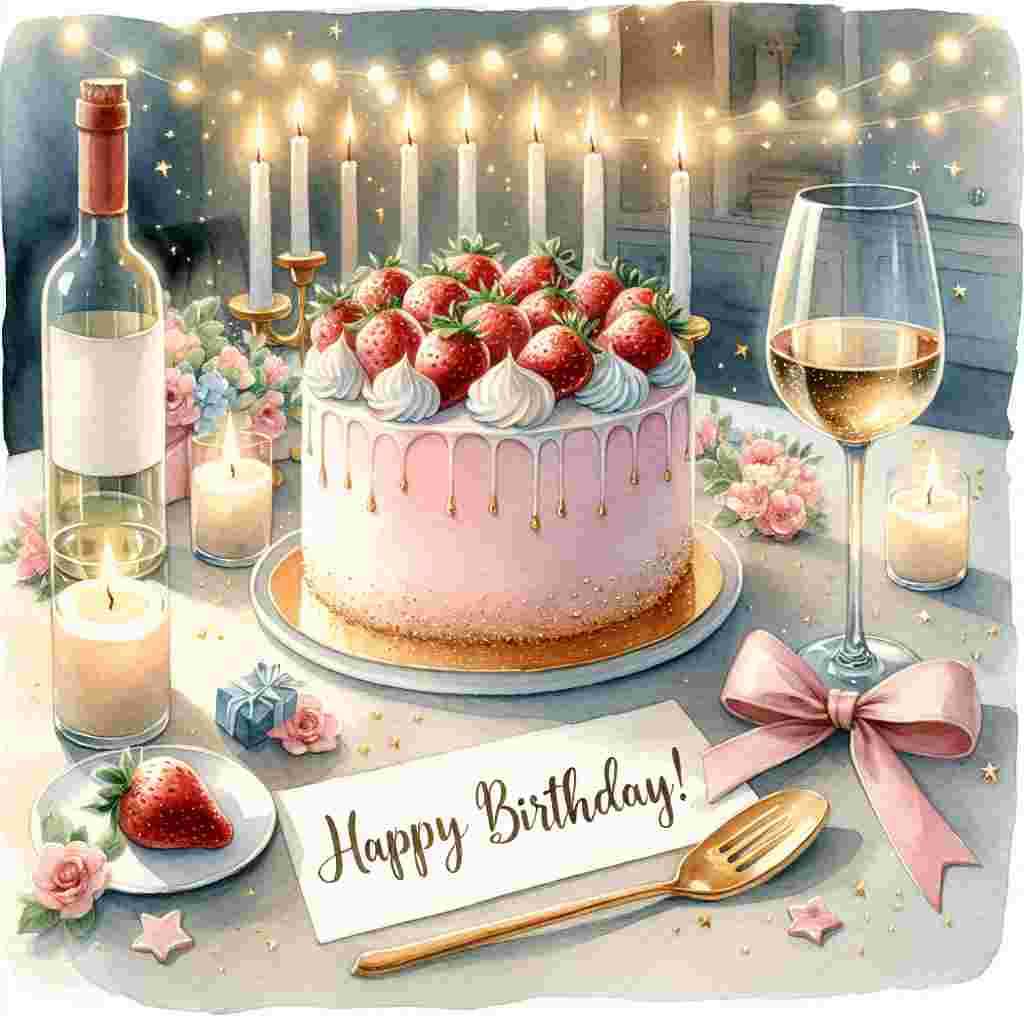 An adorable watercolor illustration showcases a cozy home party scene with a pastel birthday cake garnished with fresh strawberries and a small bottle of elegant wine. Softly lit candles create a warm ambience, and in the forefront, a cute handwritten banner displays '18 Happy Birthday!' amidst scattered glittering stars.
Generated with these themes: Alcohol, and Cake.
Made with ❤️ by AI.
