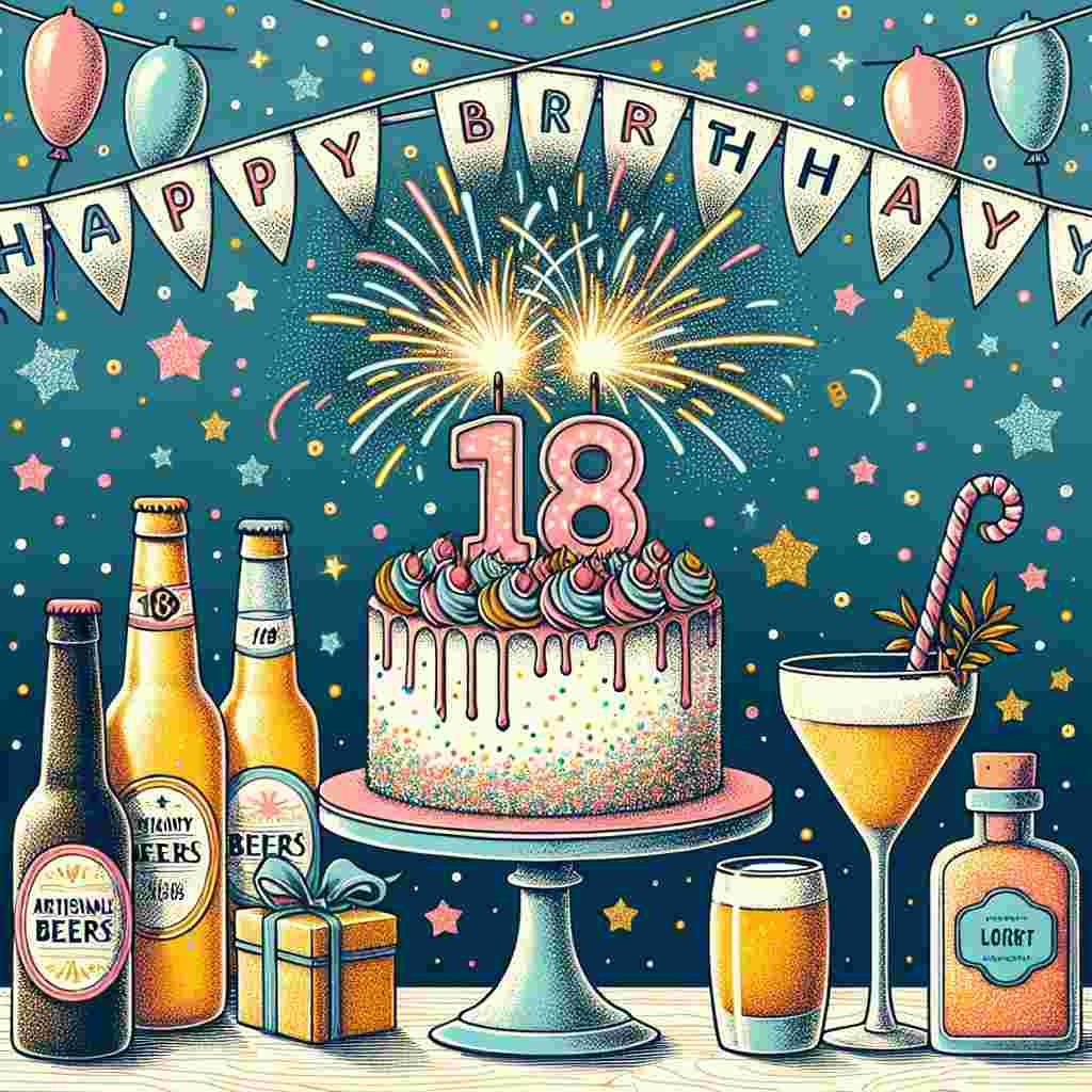 A vibrant digital illustration of a festive table set with a funfetti cake, topped with an '18' sparkler and a cozy mini-bar selection, including craft beers and a chic cocktail. The background consists of soft, confetti-like dots, and the front and center is a stylish hand-lettered sign saying '18 Happy Birthday!' with party poppers at each side.
Generated with these themes: Alcohol, and Cake.
Made with ❤️ by AI.
