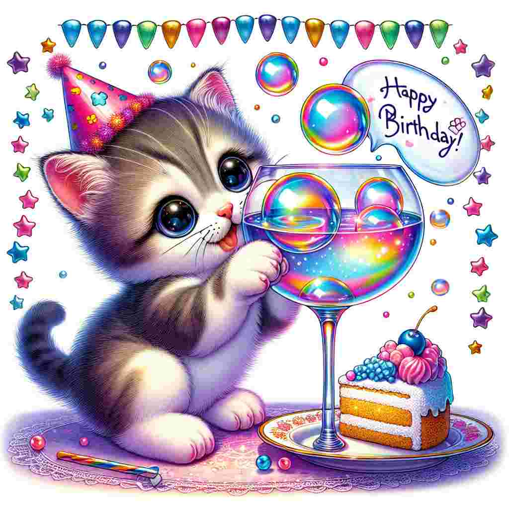 A cute cartoon kitten wearing a party hat mischievously batting at the bubbles coming from a colorful cocktail glass, with a slice of frosted cake on a plate nearby. Streamers and tiny stars decorate the borders, and the scene includes a speech bubble from the kitten that reads, '18 Happy Birthday!' with a paw print for added charm.
Generated with these themes: Alcohol, and Cake.
Made with ❤️ by AI.