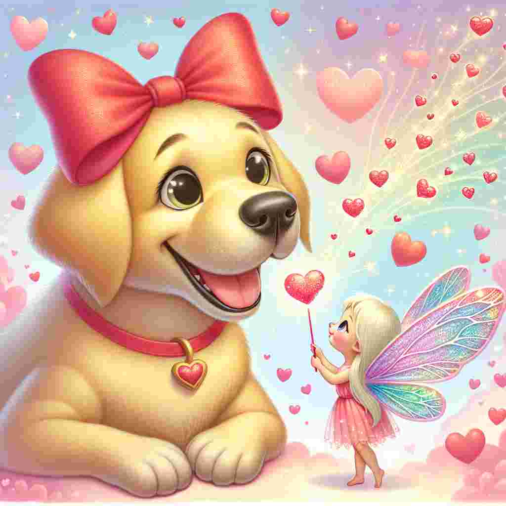 Create a heart-warming Valentine's Day illustration. The main characters include a joyful yellow Labrador, adorn with a bright red bow, which sits lovingly gazing at a petite fairy beside him. The fairy is characterized by soft, iridescent wings and is holding a magical wand. Emanating from this wand are tiny heart-shaped sparkles, which are gently floating down and landing upon the Labrador's snout. The backdrop is a pastel sky, dotted with floating hearts and a subtle sprinkle of stars, all contributing to the magical and loving ambiance of this scene.
Generated with these themes: Yellow labrador, and Fairy .
Made with ❤️ by AI.