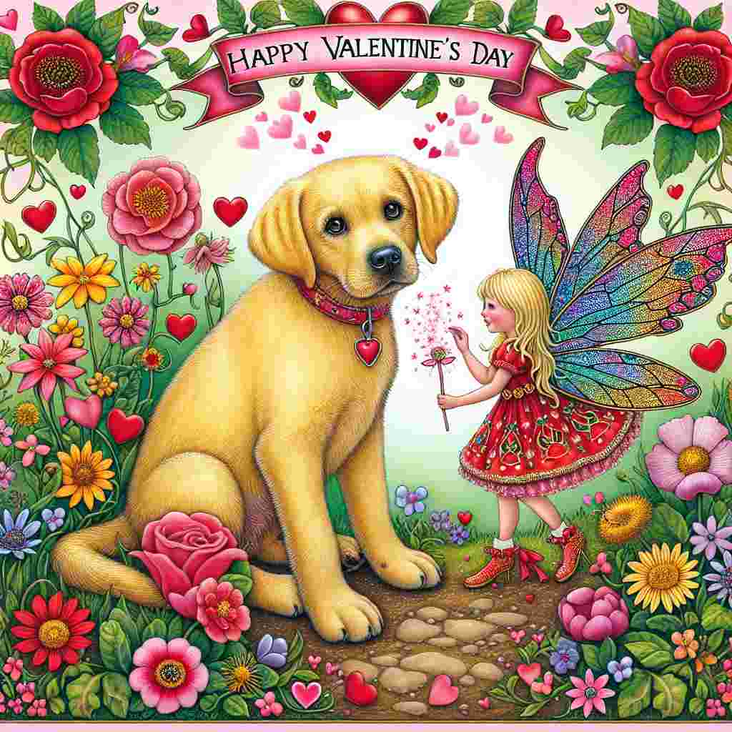 A whimsical illustration with a Valentine's Day theme featuring an adorable yellow Labrador with a shiny coat. The Labrador sits in the middle of a garden brimming with vibrant flowers. Beside the dog, a fairy with see-through wings that reflect light, similar to a stained-glass window, is gently sprinkling the Labrador with sparkling pink fairy dust. Above them, a banner hangs with the words 'Happy Valentine's Day' written on it. The background is decorated with hearts in a variety of sizes and in different tones of red and pink.
Generated with these themes: Yellow labrador, and Fairy .
Made with ❤️ by AI.