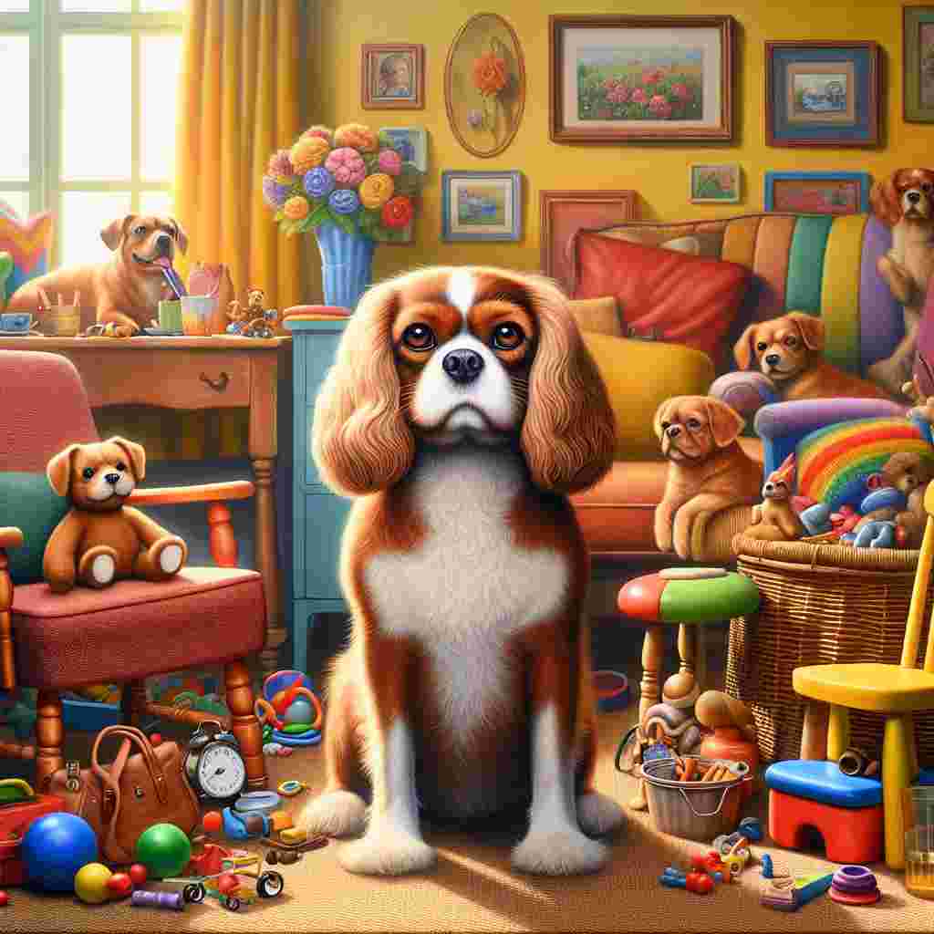 A depiction of an indoor scene, filled with warmth and coziness. In the middle of the scene, a non-defined animated character sits, surrounded by multicolored furniture and assorted toys. Beside the character, sits a medium-sized adult Cavalier King Charles Spaniel. The dog has a robust physique and is encompassed in a lustrous, ruby coat. The brown eyes of the Spaniel exude warmth, kindness and suggest a comfortable temperament. The entire setting, furniture and companions suggest a homey and loved setting. 
.
Made with ❤️ by AI.