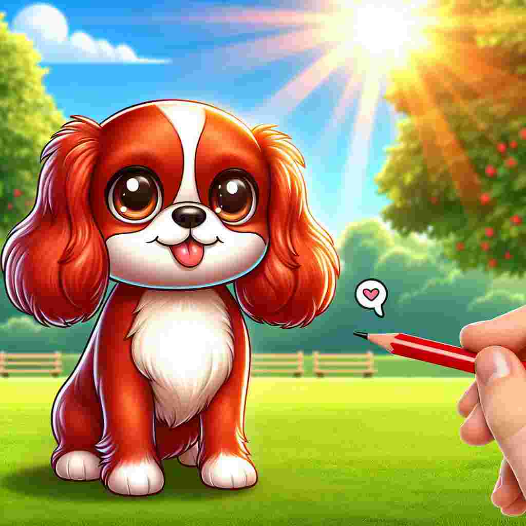 Create an image with a cartoonish, cheerful backdrop of a sunny park where an endearing, brand new character, marked by cute features, shares the scene with an adult Cavalier King Charles Spaniel. The dog has a vibrant red coat that sparkles in the sunlight, its brown eyes filled with soul and playfulness. The newly crafted character serves as a whimsical addition to the scene, adding to the delightful and light-hearted ambience.
.
Made with ❤️ by AI.