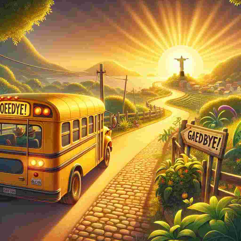 Create a heart-warming farewell illustration where a charming yellow school bus, festooned with a 'Goodbye!' banner, is making its journey along a meandering path originating from a sunlit village in Brazil. The environment radiates with the comforting glow of a descending sun, instilling a feeling of hope and positivity in the adventure that lies ahead. With the local flora lining the path and a far-off silhouette of a large statue, reminiscent of Christ the Redeemer but without recognizable details, prevalent in the scene, the ambiance exudes an undeniable Brazilian allure and ensures an upbeat parting.
Generated with these themes: School bus, Brazil, and Sunshine.
Made with ❤️ by AI.