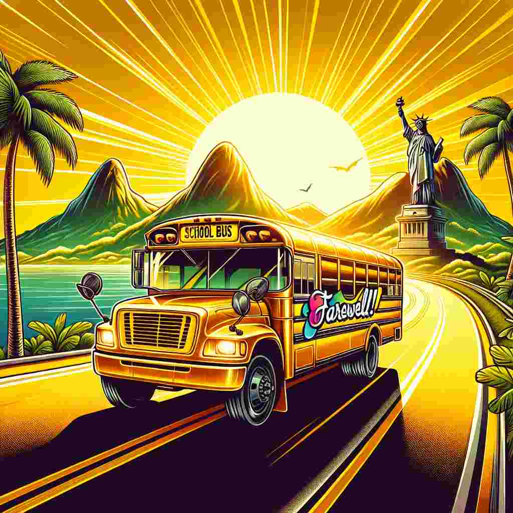 An illustration presents a sunny and glossy yellow school bus driving on a winding road that leads into a stunning Brazilian landscape. The backdrop glows with intense sunlight, permeating the scene with a bright golden aura. Emblazoned on the side of the bus are the words 'Farewell!', scripted in dynamic and colorful letters. Palm trees are shown lightly swaying in the backdrop, and a grand statue known for symbolizing reassurance and good luck for future endeavors is visible in the distance.
Generated with these themes: School bus, Brazil, and Sunshine.
Made with ❤️ by AI.