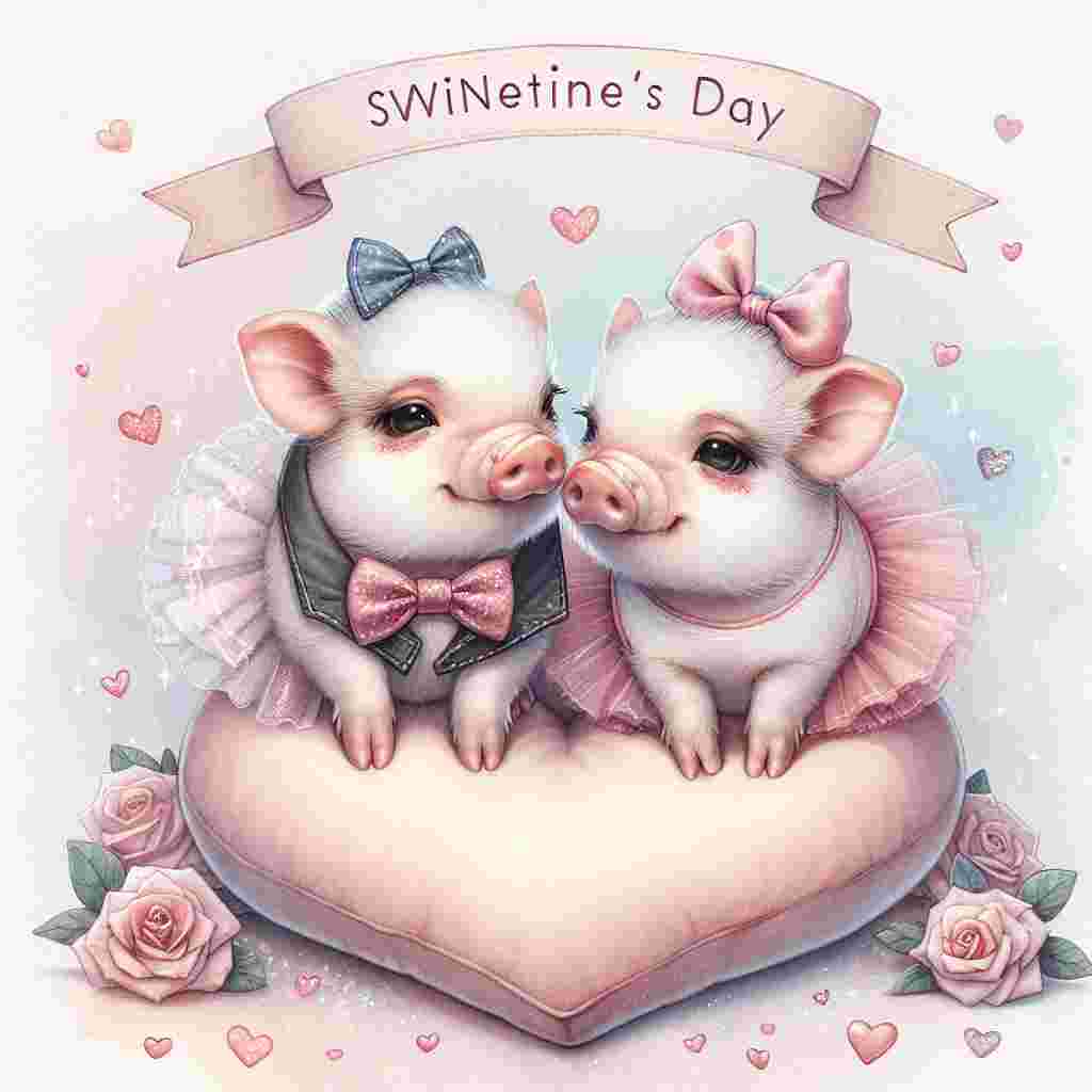 Generate an adorable illustration of micro pigs dressed in tiny bow ties and tutus, standing on a soft heart-shaped pillow. Their snouts are touching, signifying a gentle display of affection. The scene is set against a soft pastel watercolor background with subtle hearts and sparkles sprinkled all over it, creating a dreamy atmosphere. Above them is a banner with the text 'Swinetine's Day', contributing to the Valentine's Day theme.
Generated with these themes: Micro pigs .
Made with ❤️ by AI.