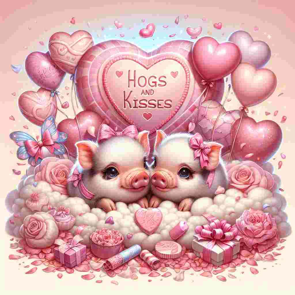 Create a charming, festive illustration showing a scene of Valentine's Day celebration. The focus of the picture should be a pair of adorable micro pigs snuggled up within a soft, plush bed of pastel pink petals. Surround these pigs with various heart-shaped balloons and an abundance of floating confetti. Provide a soaring backdrop that features a colossal candy heart, engraved with the phrase 'Hogs and Kisses'. Embellish the pigs with pretty bows and ribbons, contributing to the delightful, holiday spirit of the design.
Generated with these themes: Micro pigs .
Made with ❤️ by AI.