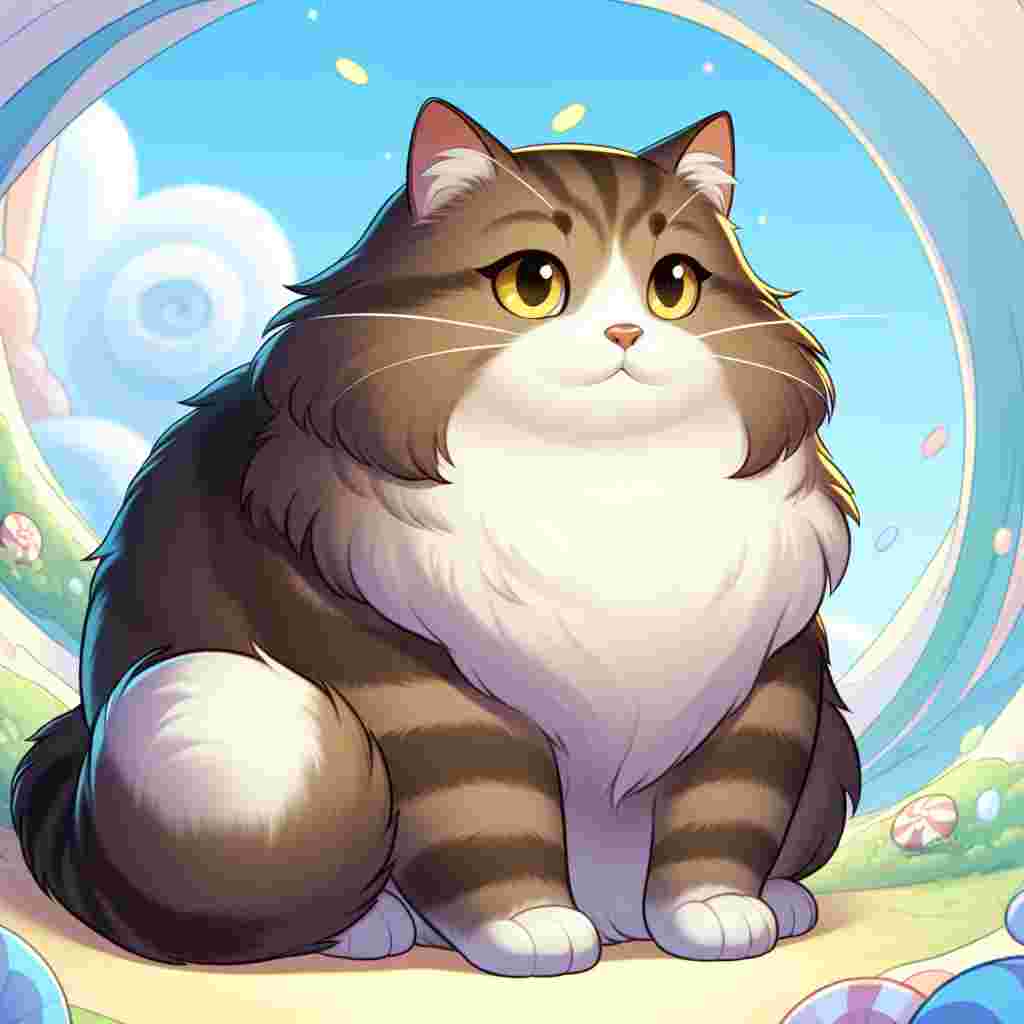 Depict a plump adult domestic shorthair cat sitting comfortably at the core of a whimsical animated environment. The cat's fur is a mix of brown tabby and white, lush and clean. Its substantial yellow eyes shine with a glint of playful mischievousness as it peers towards the unseen, beyond the confines of the image.
.
Made with ❤️ by AI.