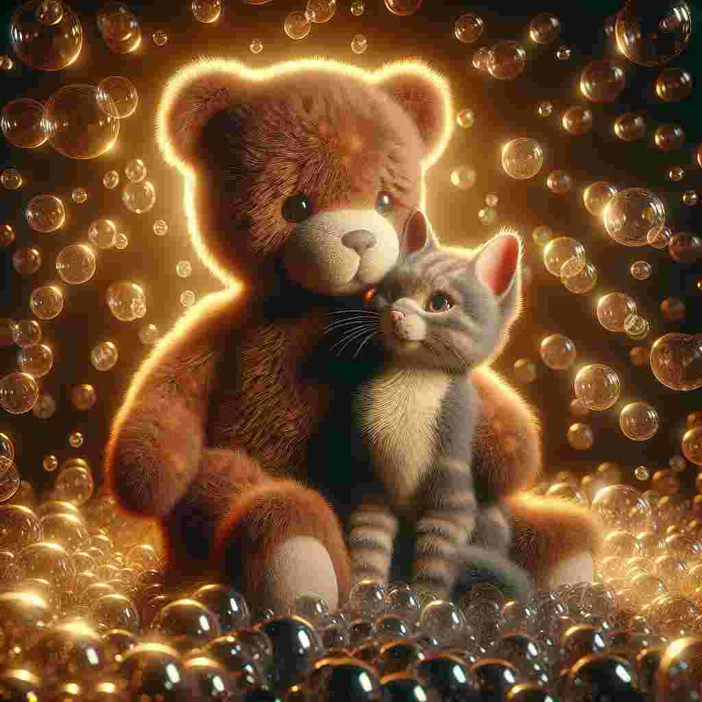 Generate a sentimental Valentine's Day scene featuring a plush brown bear sitting tenderly beside a lively gray kitten. They are enveloped in a multitude of glistening bubbles that mirror the gentle, warm glow of the surrounding environment. Particular attention should be paid to the realistic detailing allowing you to practically perceive the bear's textured fur and the kitten's sleek coat. In unison, the bear and kitten exhibit an instance of innocent affection, perfectly encapsulating the essence of Valentine's Day in each painstakingly rendered detail.
Generated with these themes: Bear, Kitten , and Bubbles.
Made with ❤️ by AI.
