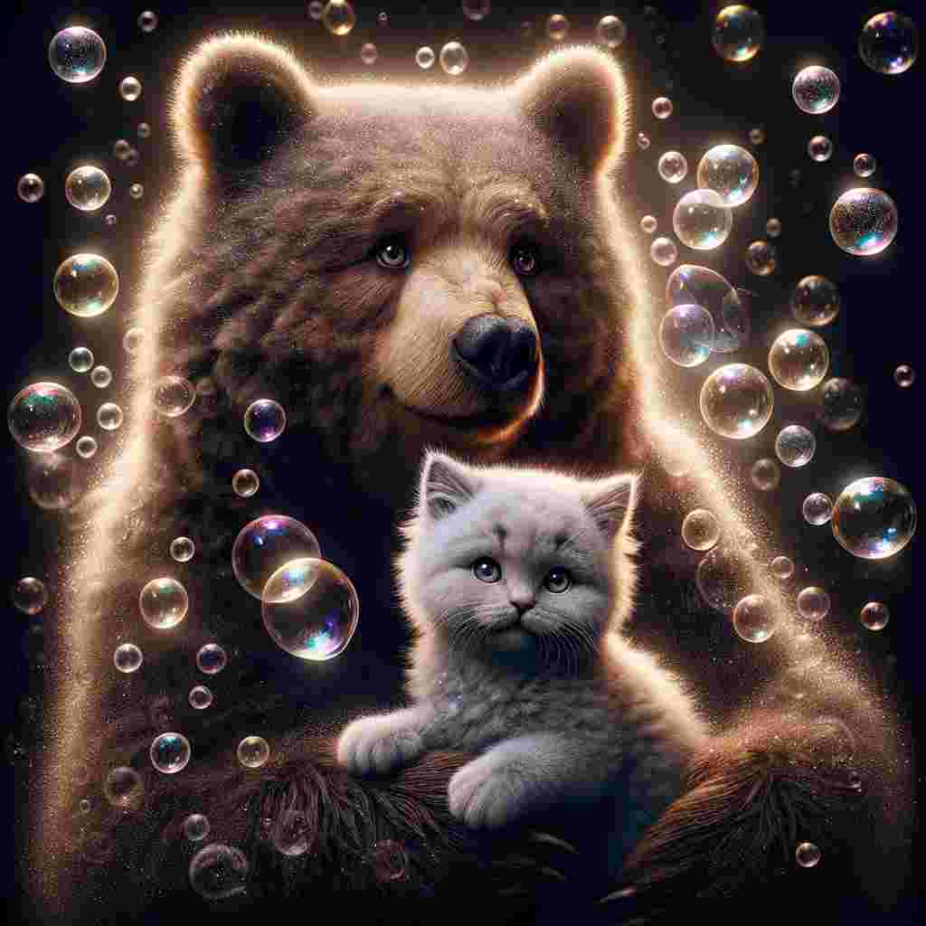 Picture a sentimental Valentine's Day theme, where a realistic bear with a dark, chocolate-colored coat softly surrounds a cute, fluffy kitten that sports a coat ashen in color. This endearing duo is encompassed by a fragile swirl of sparkling bubbles that float effortlessly around them, providing a surreal aura to the scenario. Tiny reflections of light rebound off the bubbles, casting a spotlight on the bear's kind eyes and the playful stance of the kitten. This image vividly portrays the tenderness and joy associated with the special day.
Generated with these themes: Bear, Kitten , and Bubbles.
Made with ❤️ by AI.