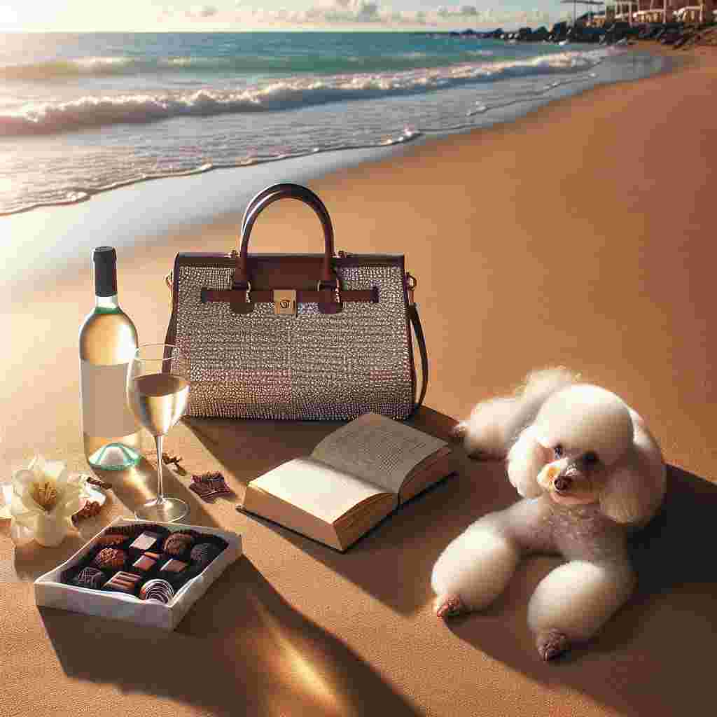 Depict a tranquil beach scene under the gentle touch of sunlight, perfect for a serene Mother's Day. In the center of this scene, lay an elegant, diamond-studded bag on the soft, golden sand. Nearby, a fluffy white poodle lies, symbolizing loyalty and love. A bottle of crisp white wine sits chilling beside a tempting assortment of rich chocolate treats. An inviting lone novel is open, seducing a relaxing reading session by the rhythm of the sea waves.
Generated with these themes: Poodle, Gold, Diamonds, Chocolate, Reading, White wine, Sunshine, Beach holiday , and Handbags.
Made with ❤️ by AI.