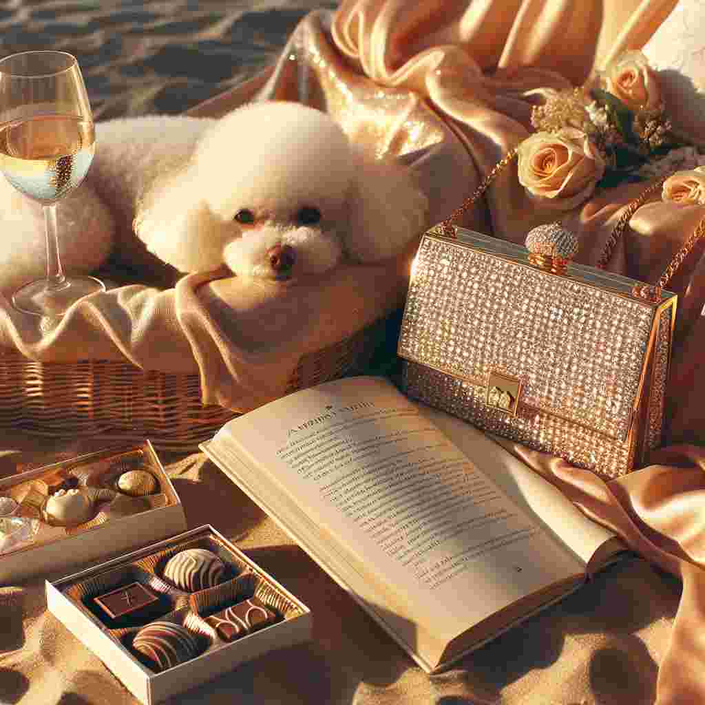 Create an image portraying a peaceful beach scenario intended to celebrate Mother's Day. Capture the rich golden warmth of the sun gracing a comfortable beach layout. A lovely white poodle is seen reclining on an opulent, diamond-embellished purse. Close by, a glass of white wine and a box of premium chocolates reflect the radiant light. An open book sits untouched, suggesting a captivating narrative temporarily paused, embodying a soothing theme of chill-out and pleasure.
Generated with these themes: Poodle, Gold, Diamonds, Chocolate, Reading, White wine, Sunshine, Beach holiday , and Handbags.
Made with ❤️ by AI.