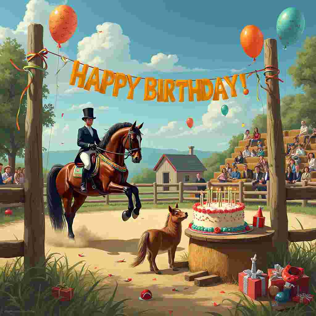 Picture a vibrant, countryside setting under a bright blue sky dotted with fluffy white clouds. The scene is bustling with a birthday celebration at a quirky, rustic horse stable. In the foreground, a large wooden fence with chipped paint encircles a spacious paddock where a dressage competition is in full swing. 

On the left side of the paddock, there is a tall, elegant horse performing an intricate piaffe, its hooves lifting and lowering in precise rhythm. The horse is adorned with a sparkling, rainbow-colored bridle and saddle, complete with tiny, fluttering birthday flags attached to the stirrups. The rider, dressed in formal dressage attire, sports a tall, black top hat with a cheeky "Happy Birthday" banner draped across it.

To the right, a birthday cake sits atop a hay bale table, precariously balanced and decorated with frosting horseshoes and colorful sprinkles. A small, cheeky Shetland pony is seen nosing its way into the cake, its muzzle covered in frosting. The cake also features candles shaped like horses and riding helmets.

Above, a banner strung between two tall posts reads "Happy Birthday!" in bright, bold letters, with small illustrations of horses and riding equipment scattered around. Balloons in the shapes of horses float above the scene, some tied to the fence and others to a nearby tree.

In the background, spectators sit on bleachers made of stacked hay bales, clapping and cheering. Some are dressed in classic horse show attire, while others wear party hats and wave miniature flags.

Nestled in the corner of the paddock is a small table laden with gifts wrapped in horse-themed paper—one with a glittering silver ribbon stands out, its tag reading, "To the Best Rider."

All these elements combine to create a whimsical, lively scene that celebrates both the birthday and the love for dressage and horses.
Generated with these themes: Dressage, and Horses.
Made with ❤️ by AI.