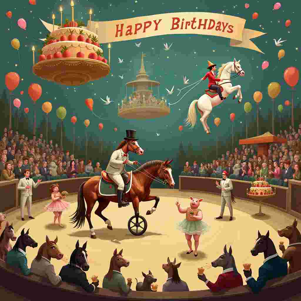 In the center of the card, imagine a grand dressage arena, but instead of the usual elegant horses and riders, we have something delightfully unexpected. Picture a group of horses decked out in a variety of whimsical birthday party outfits – think party hats, colorful streamers, and oversized bow ties. Leading the dressage performance is a distinguished horse with a monocle and top hat, riding a unicycle while holding a bouquet of balloons in its mouth. 

To the left of the scene, there's a birthday cake table, but it's not humans who are enjoying it. A group of ponies is gathered around, delicately eating slices of a gigantic, multi-tiered birthday cake decorated with sugar carrots and apples. The ponies are wearing tutus and bowties, making them look both regal and ready for a dance recital.

On the right side of the scene, the audience is composed entirely of other animals - pigs wearing tuxedos, chickens in dresses, and even a few llamas with fancy feather boas. These animals are sitting on hay bales, enthusiastically clapping their hooves, wings, and paws together. Above the arena, a banner strung between two tall poles reads, "Happy Birthday" in bright, festive letters, and is adorned with tiny twinkling fairy lights.

In the background, you can see a carousel, but instead of traditional horses, it features a variety of farm animals like cows, sheep, and goats, all festooned in party attire. Balloons of all shapes and sizes float up into the sky, with some tied to the tails of horses who prance around the edges of the arena.

To top it all off, there's a majestic horse in mid-air, doing a perfect pirouette while simultaneously blowing out candles on a floating birthday cake held up by a flock of doves. The attention to detail in this scene is essential, from the glitter on the balloons to the icing on the cake, making it a truly memorable and delightful birthday greeting.
Generated with these themes: Dressage, and Horses.
Made with ❤️ by AI.