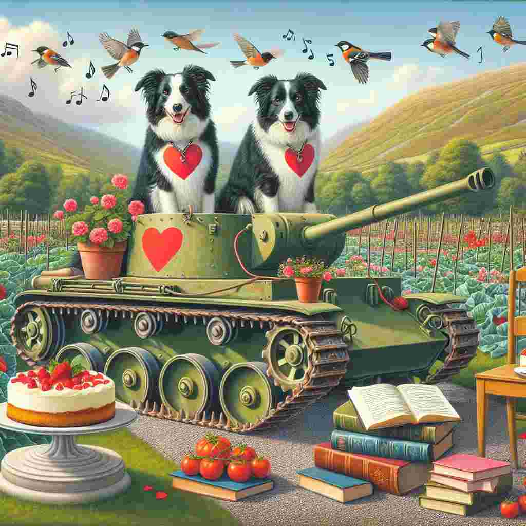 Generate an image of a whimsical Valentine's Day scene featuring two Border Collies, connected by a heart-shaped leash, sitting atop an old-fashioned tank that has been repurposed into a comfortable reading area. The tank is parked amidst lush vegetable gardens, with trails winding off into an attractive hiking landscape. Books are scattered throughout the garden, adding to the ambience. Joyful birds are fluttering about, their songs articulating the theme of love. A piece of cheesecake on a small side table, inspired by Welsh design, is also present. Romantic music notes float in the air, capturing the spirit of love and companionship.
Generated with these themes: Books, Border collies, Tanks, Birds, Hiking, Cheesecake, Welsh, Music, and Growing vegetables.
Made with ❤️ by AI.