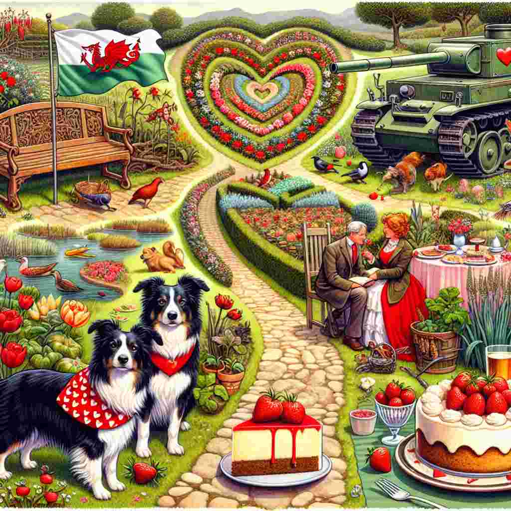 Create a Valentine-themed illustration. It should depict a bucolic scene where Border Collies, adorned in heart-patterned bandanas, play on a garden path that intricately traces the shape of a heart. Centrally placed, an ornate bench resembling a tank awaits visitors, perhaps suggesting an unusual spot to delve into a romantic novel. A Welsh flag peacefully waving over a dessert-laden table, bountiful with cheesecake, indicates a snug and intimate venue for a date. The garden is abundantly populated with a mix of vegetables and vibrant birds. A trail at the garden's edge whispers the prospect of a hiking adventure. This scene is gracefully embraced by the gentle melody of background music.
Generated with these themes: Books, Border collies, Tanks, Birds, Hiking, Cheesecake, Welsh, Music, and Growing vegetables.
Made with ❤️ by AI.