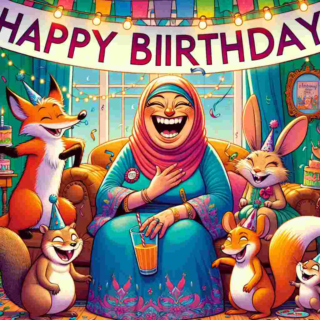 In a heartwarming birthday scene, a 'funny mum' is illustrated laughing with a group of cheerful animal characters, all wearing party hats. Above the joyful gathering, 'Happy Birthday' text is intertwined with strings of twinkling fairy lights.
Generated with these themes: funny mum  .
Made with ❤️ by AI.