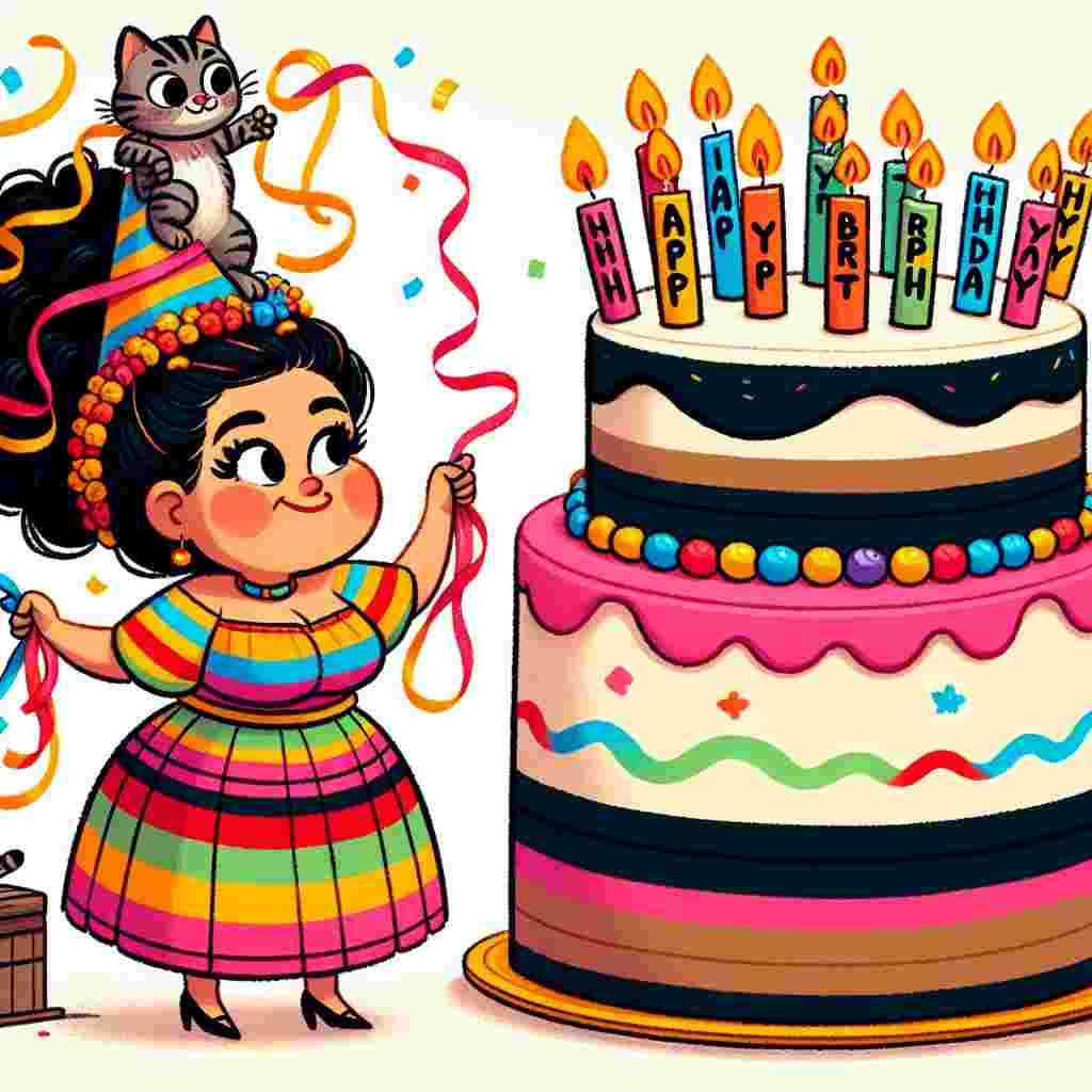 The illustration shows a 'funny mum' in the center, amusingly entangled in streamers, with a playful kitten on her head. Beside her, a large cake with candles spells out 'Happy Birthday', adding charm to the festive scene.
Generated with these themes: funny mum  .
Made with ❤️ by AI.