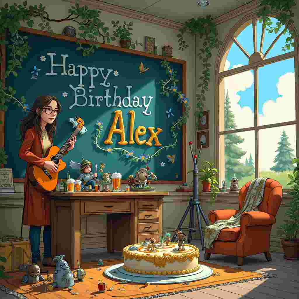 In the foreground of the illustration, envision a whimsical early years classroom that has been transformed into a fantastical Warhammer battlefield. The teacher, a commanding figure with long, flowing hair and glasses perched on their nose, stands at a toy-strewn desk. They hold a guitar like a battle-axe, the strings echoing with notes of melody and might. 

To the left of the teacher, a large birthday cake sits on a table. The cake is adorned with miniature Warhammer figures and a banner that reads "Happy Birthday Alex" in icing. The name "Alex" is artfully scripted in swirling, golden frosting and is intertwined with vines of blue and purple flowers that seem to come to life in Beatrix Potter's style.

Behind the desk, a wall-sized blackboard showcases a sprawling Warhammer battle scene, where various fantastical creatures are locked in an epic clash. Each creature, from orcs to space marines, wears expressions that echo the playful yet solemn storytelling of Maurice Sendak and Arthur Rackham.

In the middle ground, children, depicted with Quentin Blake's lively and expressive strokes, sit in small groups on a rug, engrossed in painting their own miniature figures. Some of the kids have tiny beer mugs, inspired by Norman Rockwell’s charming and nostalgic touch, albeit filled with root beer for the young ones.

Towards the back of the classroom, an Edward Gorey-esque coat rack holds an array of quirky costumes and props. Among these, an old cloak with mysterious runes, a shiny knight's helmet, and an electric guitar with stickers of mythical creatures can be seen.

The far background features large windows through which a tranquil garden is visible, with clouds in the sky subtly spelling out "Alex" in a Maxfield Parrish dream-like fashion. Gustave Doré-inspired trees with intricate foliage frame the scene, providing a grand, almost ethereal backdrop.

A cozy armchair near the corner is draped with a blanket depicting a Warhammer map, and on the armrest sits an opened book with illustrations reminiscent of N.C. Wyeth’s adventures. A pint-sized beer mug, comically large for the teacher, sits on a side table next to the armchair, hinting at a celebratory toast waiting to happen.

This intricate and engaging scene is brimming with fantastical elements and birthday cheer, all while subtly weaving the name "Alex" into its fabric in a variety of creative ways.
Generated with these themes: Warhammer, Early years Teacher , Beer, Long hair, Glasses, and Guitar.
Made with ❤️ by AI.