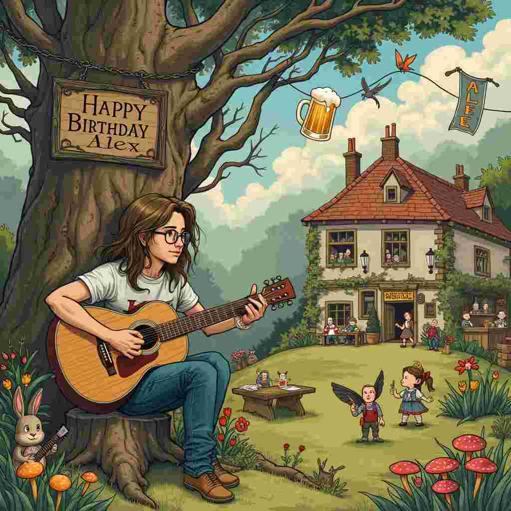 In the foreground of the birthday greeting card, imagine a whimsical scene set in a fantastical landscape that combines elements from Warhammer, an early years classroom, a lively pub, and an idyllic garden. The central figure is Alex, depicted with long, flowing hair, wearing round glasses, a Warhammer-themed t-shirt, and strumming a classic acoustic guitar. Alex is seated on a tree stump under a large, ancient oak tree, whose twisted branches extend overhead, resembling something from an Arthur Rackham illustration.

To Alex's right, there is a group of Warhammer miniatures brought to life, engaged in a friendly battle on a grassy knoll. Some miniatures are teaching others, using tiny chalkboards and abacuses, referencing the early years teacher theme. The background features a quaint, old-world pub with an inviting sign that reads "Happy Birthday Alex" in elegant, swirling letters inspired by Beatrix Potter's meticulous script. Patrons inside the pub, visible through the windows, raise their mugs of frothy beer in a cheer.

To the left of Alex, there is a patch of vibrant flowers and vegetables, reminiscent of a Beatrix Potter garden, where a tiny rabbit holds a scroll that reads "Happy Birthday" in Maurice Sendak's playful lettering style. In the sky above, fluffy clouds form the letters of Alex's name, with "A" being a dragon from Warhammer, "L" a tall pint of beer, "E" a guitar, and "X" a pair of crossed paintbrushes, symbolizing Alex's creative spirit.

The scene is lush with detail: birds with scrolls in their beaks, a tiny fairy peeking from behind a mushroom, and a medieval flag fluttering from the tree branch that reads "Celebrate" in Edward Gorey's eerie yet enchanting style. This rich tapestry of elements combines to tell a vivid, enchanting story that celebrates all the themes and the recipient, Alex.
Generated with these themes: Warhammer, Early years Teacher , Beer, Long hair, Glasses, and Guitar.
Made with ❤️ by AI.