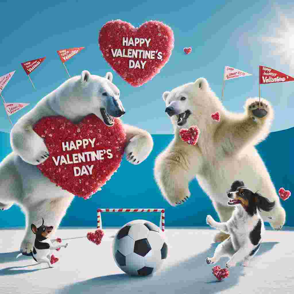 On a bright Valentine's Day, a humorous scene takes place as two polar bears partake in a playful soccer match, inadvertently showing affection while they compete for a ball designed like a giant valentine. On the sidelines, an energetic Jack Russell of Hispanic descent and a fluffy black cockapoo of Middle-Eastern descent wave banners composed of chewed-up valentine cards, contributing to the festive and light-hearted ambiance.
Generated with these themes: Polar bears , Jack Russel, Soccer, and Black cockapoo .
Made with ❤️ by AI.