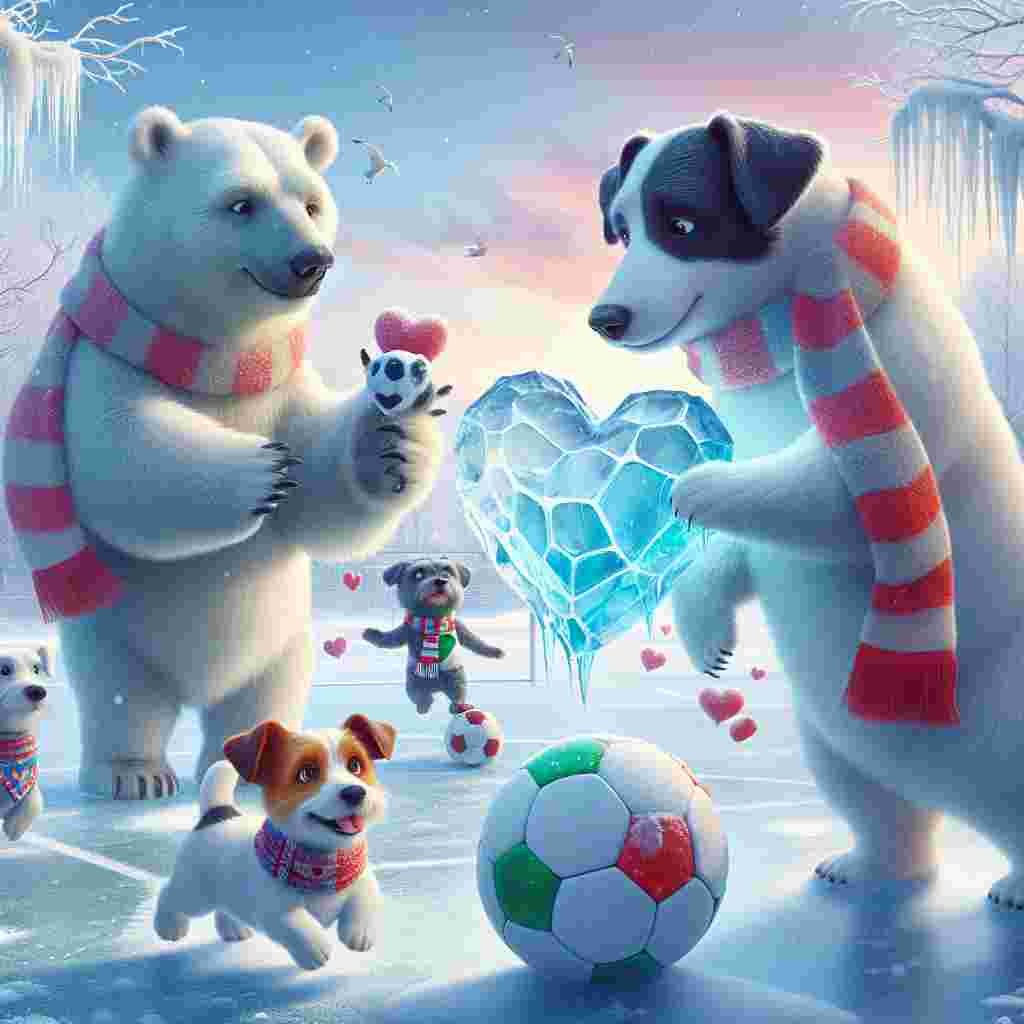 Imagine a fantastical winter wonderland with a frosty soccer field as the backdrop. Two endearing polar bears, one noticeably larger and the other slightly smaller, interact in the center of the scene, each offering the other a heart-shaped ice structure, heightening the love-filled sentiment of Valentine's Day. To the side, a lively Jack Russell Terrier and a jolly black Cockapoo, both wrapped in colorful team scarves, play games of their own - a pursuit of a soccer ball ornamented with hearts, bringing additional joy and enthusiasm to the romantic setting.
Generated with these themes: Polar bears , Jack Russel, Soccer, and Black cockapoo .
Made with ❤️ by AI.
