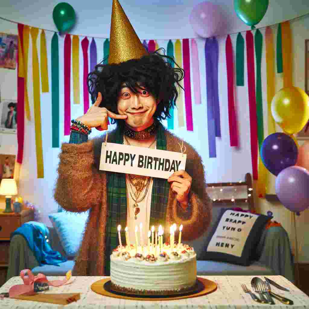A lighthearted tableau features a funny boyfriend character dressed in a goofy costume holding a sign that reads 'Happy Birthday'. He stands beside a cake with candles, in a room adorned with streamers and balloons, capturing a moment of joyful celebration.
Generated with these themes: funny boyfriend  .
Made with ❤️ by AI.