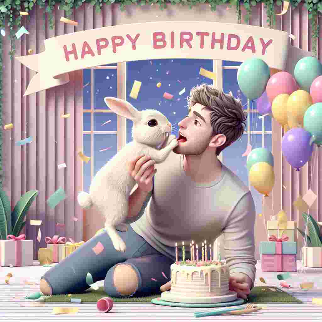 A gleeful cartoon scene depicts a humorous boyfriend being playfully nibbled by a bunny as he holds a bunch of colorful balloons. The background is a pastel-hued party setting filled with confetti, and a banner with 'Happy Birthday' emblazoned across it.
Generated with these themes: funny boyfriend  .
Made with ❤️ by AI.