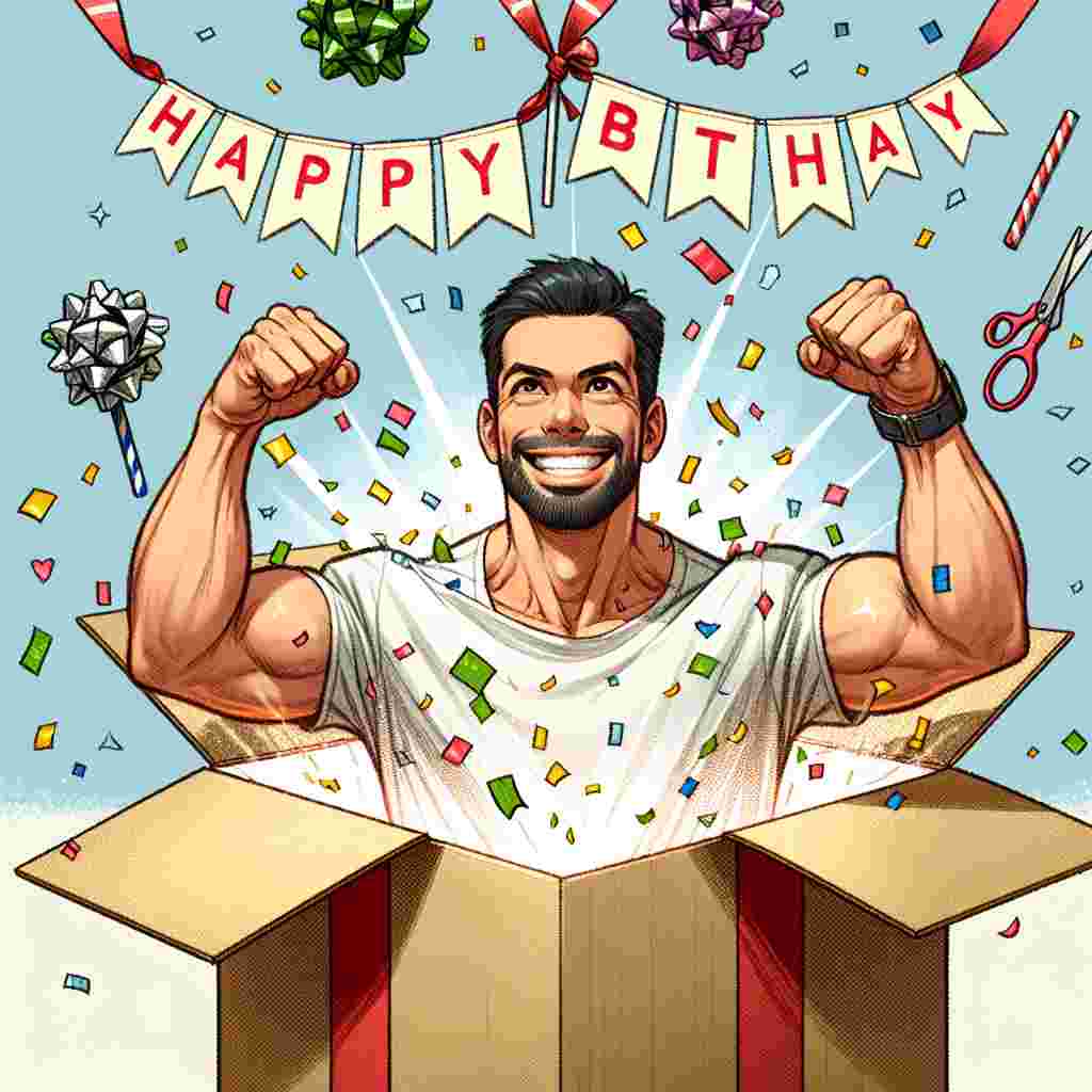 The scene showcases a boyfriend in a giant gift box, popping out with a surprise grin as party poppers explode around him. Confetti dots the air, and a 'Happy Birthday' text draped on the top of the illustration completes the festive mood.
Generated with these themes: funny boyfriend  .
Made with ❤️ by AI.