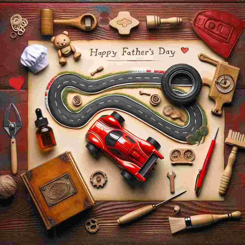 Illustrate a charming Father’s Day scene without depicting any people. The main feature should be a bright red toy car resembling a sports vehicle, positioned near a miniature F1 racetrack, symbolizing speed and thrill. Scattered around the periphery, add small woodworking tools to represent a hobby of craftsmanship. Nearby, create a whimsical image of a chef’s hat and an apron resting on a small wooden stand, next to a well-worn cookbook, illustrating a love for cooking. The entire scene should be framed by a detailed texture that resembles wood grain, adding warmth and a personal touch to the overall ambiance.
Generated with these themes: Porsche, F1, Tools, Woodwork, and Cooking.
Made with ❤️ by AI.