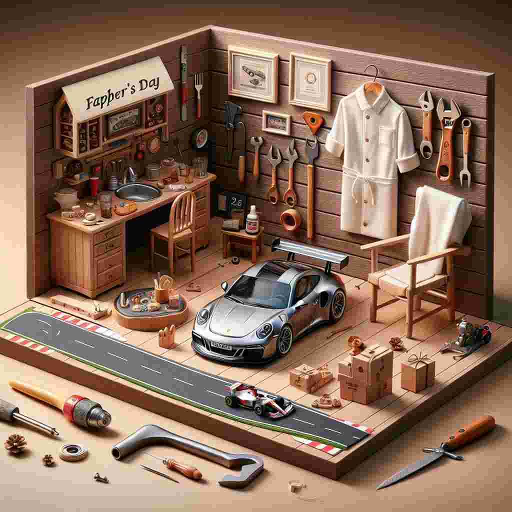 Present an endearing Father’s Day themed illustration, where rather than a physical representation of a father, symbols of his interests are used instead. At the center, a miniature model of a sleek Porsche sits next to a meticulously crafted tiny Formula 1 track. Surrounding this, hand tools and woodworking equipment detailed with immense precision provide a tribute to a skilled craftsman. One corner comprises a snug cooking corner, featuring miniature pots and pans and a classic white chef's apron hung on a small chair, symbolizing the simplistic delight found in culinary endeavors. A backdrop with a soft, wooden texture ties all these elements together, encapsulating the warmth of treasured family moments.
Generated with these themes: Porsche, F1, Tools, Woodwork, and Cooking.
Made with ❤️ by AI.