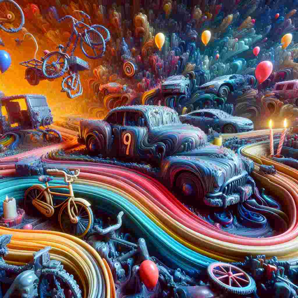 Visualize an abstract and surreal birthday theme set in another realm where vehicles defy their normal structures. Cars are converted into rivers of molten metallic paint, stretching across the canvas, while bicycles contort into unfeasible shapes, their wheels transforming into doorways to dream-like realms. The scene encapsulates a riot of intense colors, an engaging balance between the festive birthday atmosphere and the chaotic, unrestricted shapes of various modes of transportation.
Generated with these themes: Cars, and Bikes.
Made with ❤️ by AI.