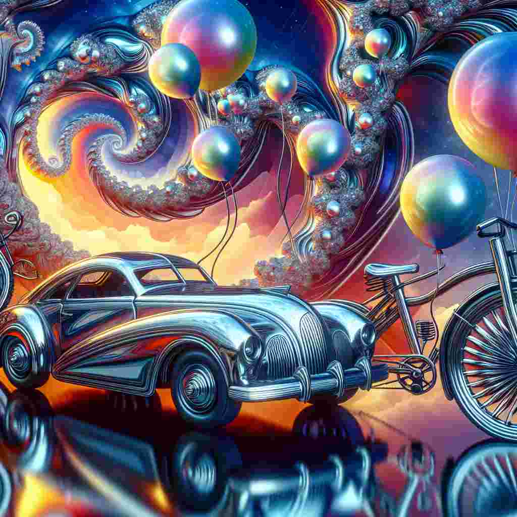 Depict a surrealistic abstract birthday scene with an interesting twist. Capture the chrome-covered cars reflecting distorted birthday landscapes that extend and bend around balloons appearing as bizarre moons. Envision the bicycles in a new way, their structures spiraling into fractal designs with spokes that glow softly. Add birthday elements in a fun, distorted way, implying a celebration that sits at the crossroads of fantasy and reality.
Generated with these themes: Cars, and Bikes.
Made with ❤️ by AI.