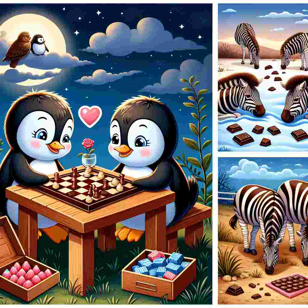 Create a delightful vector illustration showcasing a heartwarming scene of a cute pair of penguins, of differing genders, fully engrossed in a night of board games. At their small table, feature an assortment of chocolate sweets scattered around, illustrative of a joyful anniversary celebration. At a little distance, include a scene of zebras of varied descents grazing peacefully and nonchalantly. Make sure this touching tableau strikingly captures the blend of contrasting elements of domestic comfort and thrilling wilderness
Generated with these themes: Boardgames , Chocolate , Penguins , and Zebras .
Made with ❤️ by AI.