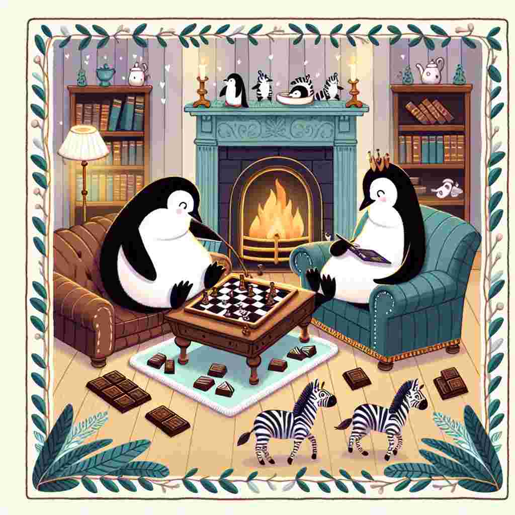 A delightful, whimsical design in a cute vector style. The scene comprises a comfy pair of penguins lounging on an opulent sofa, deeply engaged in a tense board game next to a warming fireplace. Nearby, an array of premium chocolates sprawls about, adding an element of sweetness to the ambiance. Adding a quirky charm to the image perimeter is a lively border of zebras ambling across the frame, harking to the equilibrium and untamed jubilation experienced in the journey of the couple.
Generated with these themes: Boardgames , Chocolate , Penguins , and Zebras .
Made with ❤️ by AI.