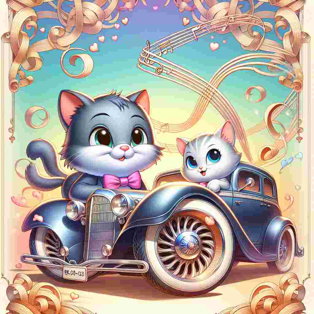 Create an enchanting scene of Valentine's Day where an animated cartoon cat donned in a bow tie is sharing timid looks with its feline companion, both perched on a captivating, classic car. The car's wheels, swirling in a manner similar to break dance moves, adds a unique dynamism to the setting. The air is resonant with a melodic tune reminiscent of the style prevalent during the times of Wolfgang Amadeus Mozart. The borders of this art are adorned with fanciful doodles of noodles. Pastel color tones suffuse the picture, intensifying its romantic essence.
Generated with these themes: Cat, cars break dancing, noodles, Morrissey,art.
Made with ❤️ by AI.