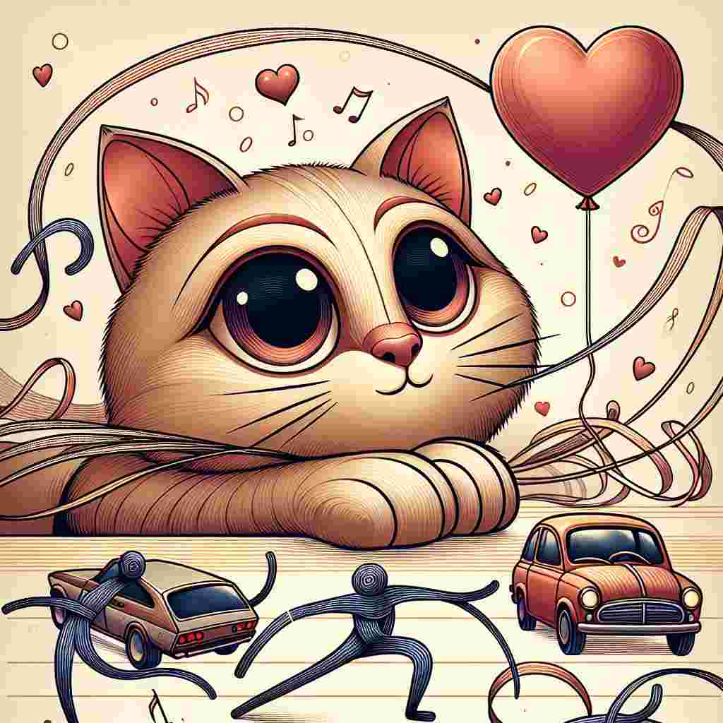 Create a whimsical Valentine's Day illustration with an enamored feline character with large, captivated eyes, staring adoringly at a heart-shaped balloon. Set in the backdrop are anthropomorphic cars in the act of break dancing in response to the melodies of an acoustic tune. Integrate forms akin to strands of noodles, functioning like ribbons, whisking themselves through this scene, providing a whimsical, playful element that frames this distinctive amorous expression.
Generated with these themes: Cat, cars break dancing, noodles, Morrissey,art.
Made with ❤️ by AI.