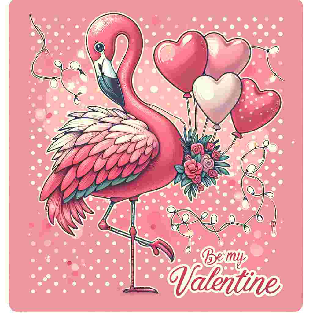 Generate an image featuring a single, whimsical flamingo colored in rosy hues, set in the middle of a romantic Valentine's landscape. The flamingo clutches a bouquet of heart-shaped balloons in its beak and balances on one leg. A string of twinkling fairy lights is draped over its wings. The background consists of polka dots in varying shades of pink and white, creating a playful and joyful atmosphere. The bold and endearing phrase 'Be My Valentine' is displayed at the bottom of the image, inviting the viewer into this scene of innocent affection.
Generated with these themes: flamingo.
Made with ❤️ by AI.