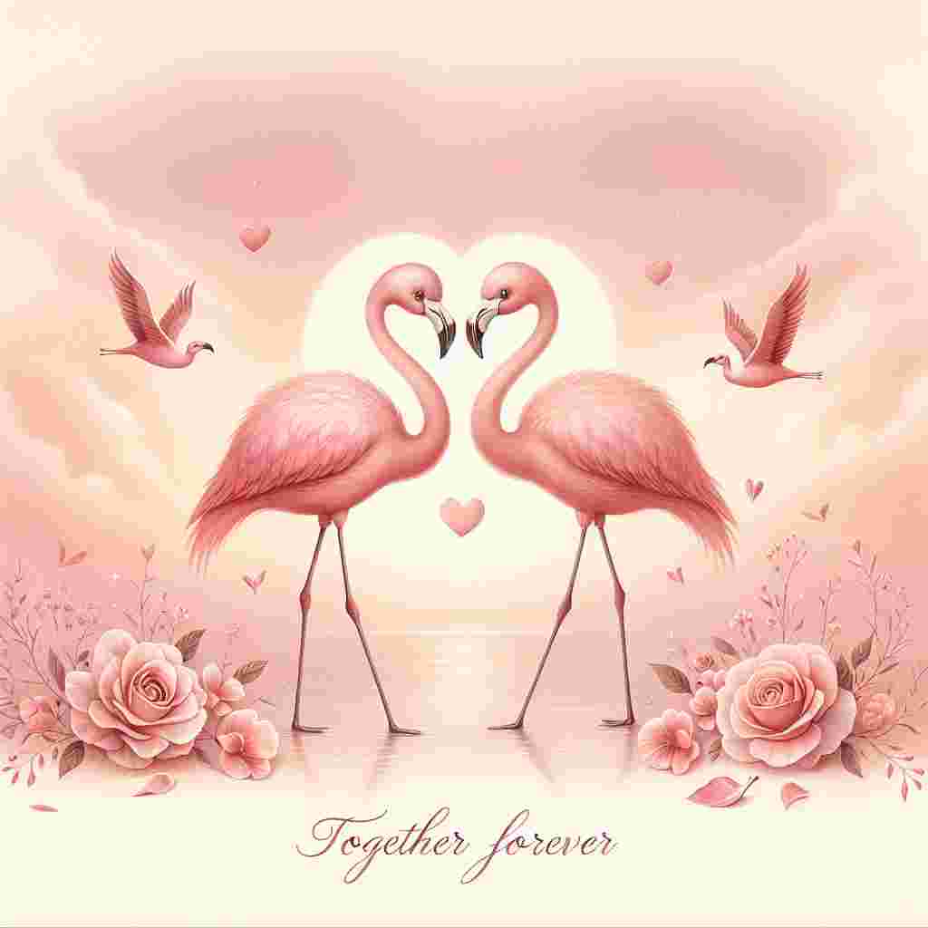 A charming illustration for Valentine's Day reveals two pink flamingos, standing heart to heart with their necks gracefully creating a heart shape. The serene scene is set against a pastel backdrop of soft, blush pink that fades into a subtle ivory, suggesting a gentle sunset. Scattered around the loving pair are delicate rose petals and tiny hearts, embellishing the environment with romance. Above the flamingos, the phrase 'Together Forever' is written in elegant, cursive lettering, completing this enchanting Valentine's tableau.
Generated with these themes: flamingo.
Made with ❤️ by AI.