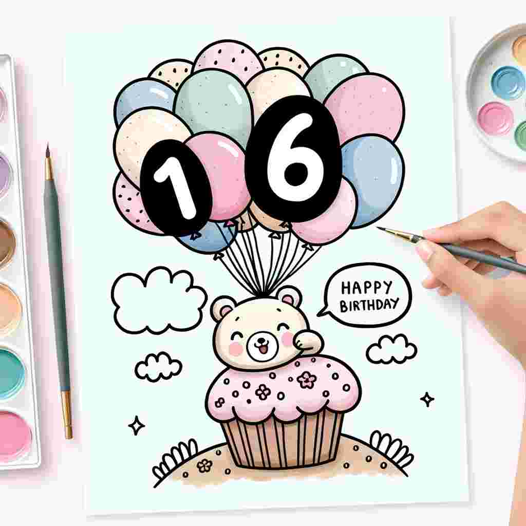 A sweet illustration shows a delighted cartoon bear holding a pastel-colored balloon bouquet, with '16' prominently displayed on the largest balloon. 'Happy Birthday' is whimsically written in the sky above, as the bear stands atop a cupcake-shaped hill adorned with frosting and sprinkles.
Generated with these themes: 16th  .
Made with ❤️ by AI.