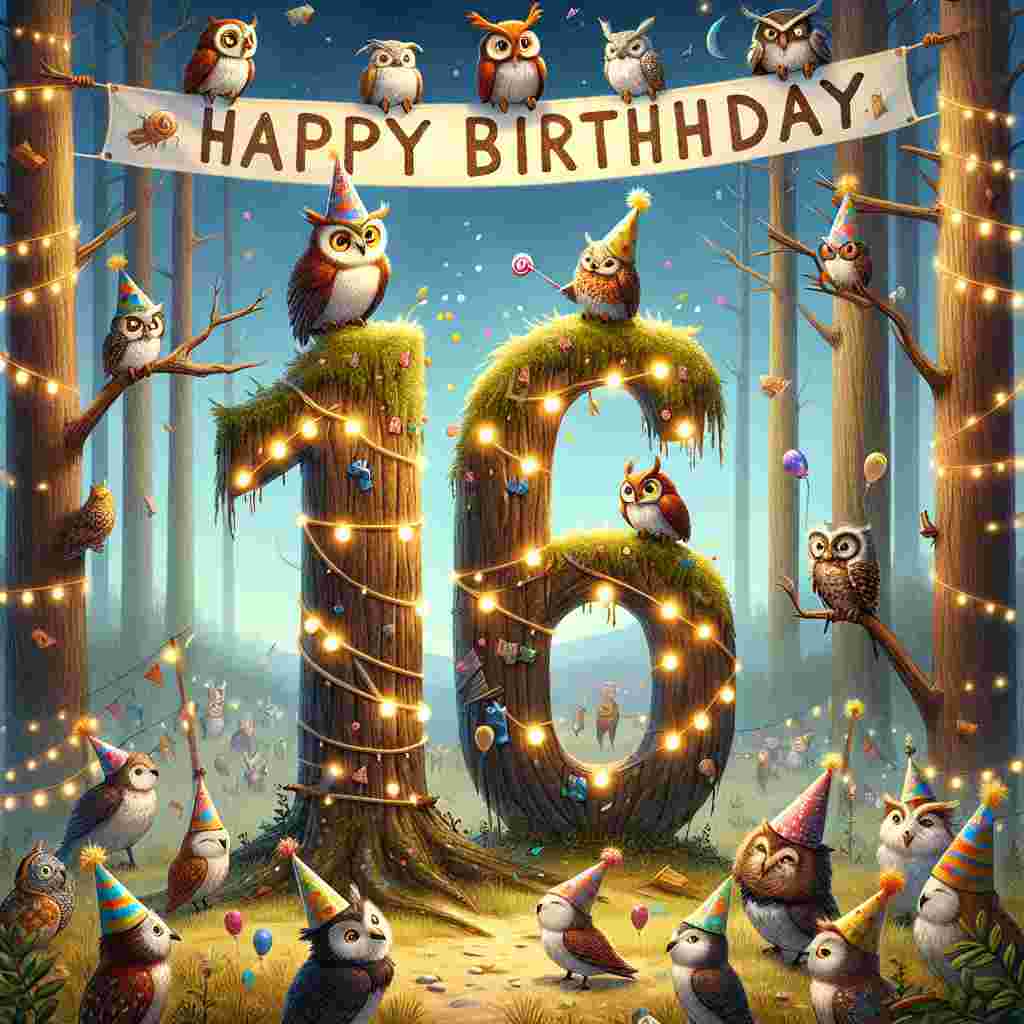 The scene features a whimsical forest with animals gathered around a large '16' shaped like tree trunks, decorated with fairy lights. In the foreground, a banner flutters with the words 'Happy Birthday', while a family of owls perched on a branch above wears party hats and blows noisemakers.
Generated with these themes: 16th  .
Made with ❤️ by AI.